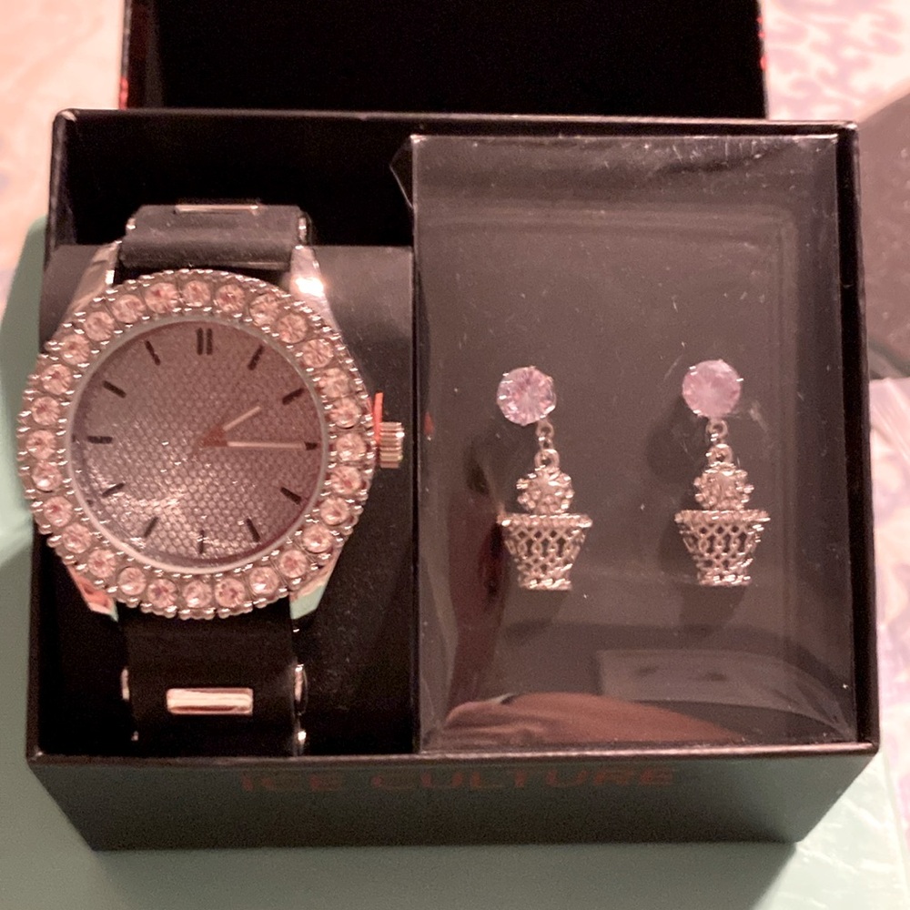 Silver Crystal Watch and Earring Set